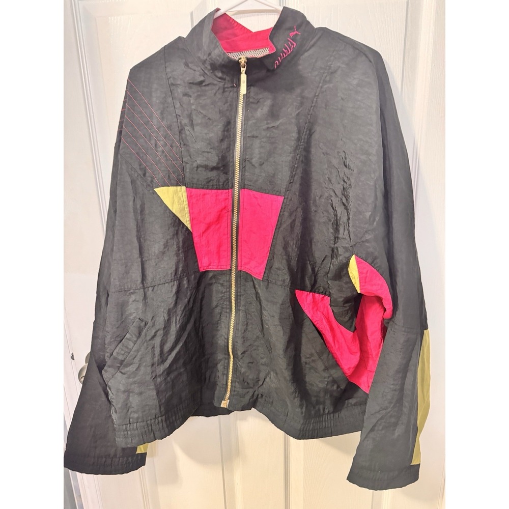 Vintage Puma Colorblock Windbreaker Neon Black Pink Yellow Taiwan L Geometric